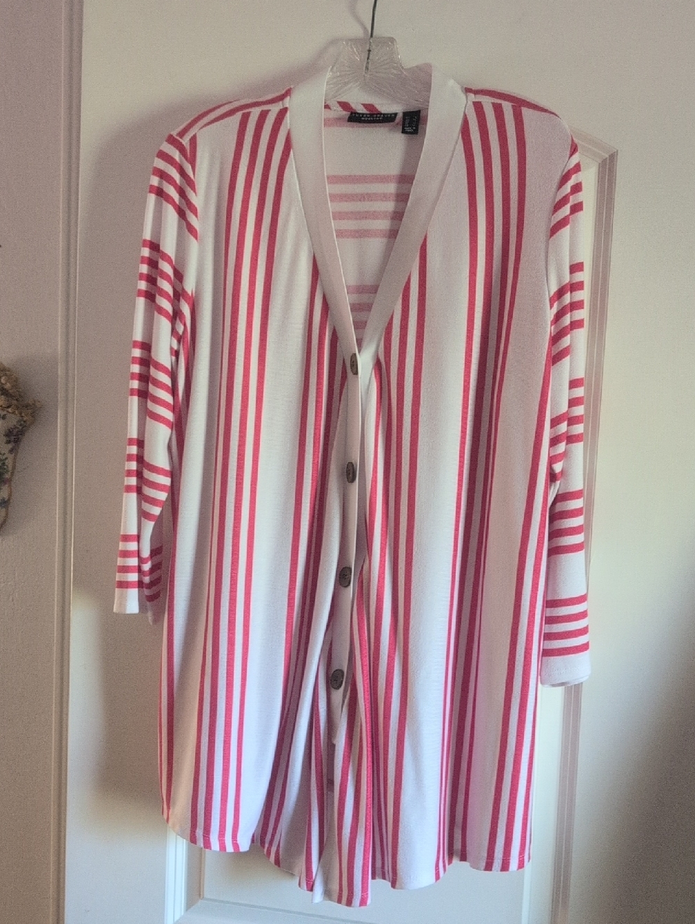Susan Graver Pink & White Striped Knit Cardigan